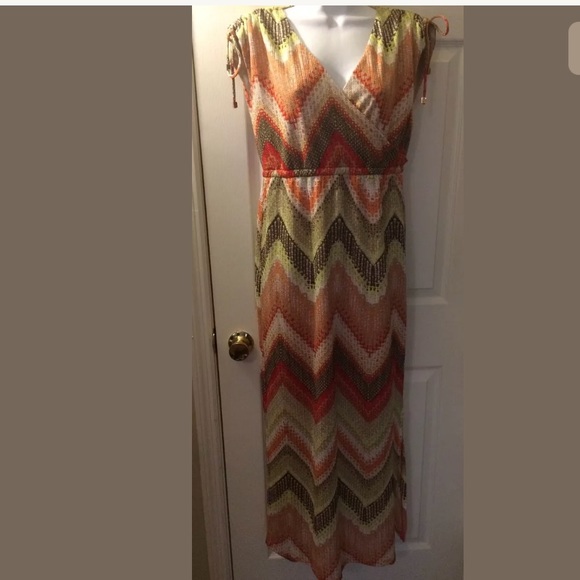 CHICO’S Tessa Chevron Maxi Summer Sun Dress Knit Colorful Crochet Green Orange - Picture 2 of 8